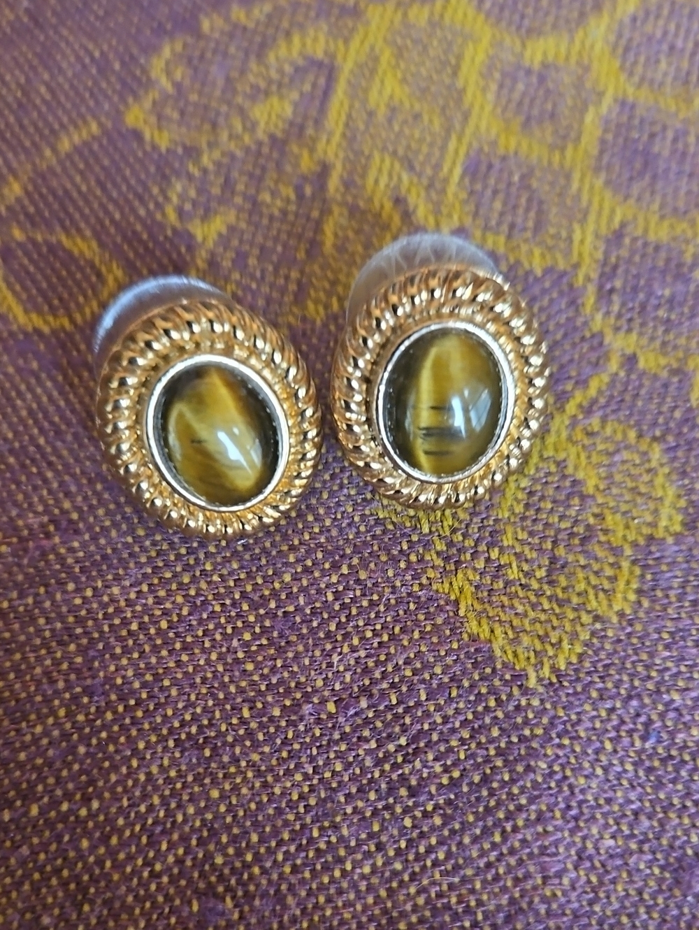 Vintage Gold Plated BRASS tigers Eye Roman Pierced Earrings